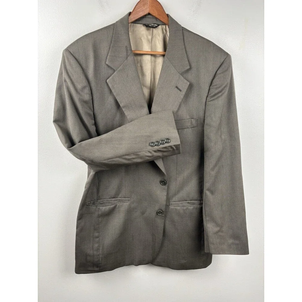 Vintage Bill Blass Men’s Suit 44L Taupe Gray 100% Wool USA 80s 90s Power Suit